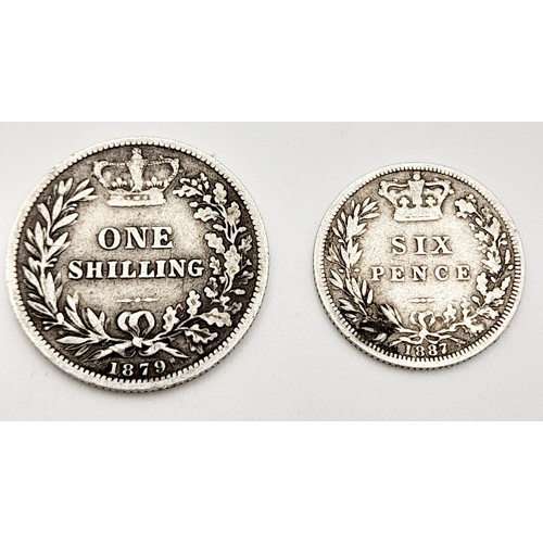 698 - An 1879 Silver shilling and an 1887 silver sixpence. Please see photos for conditions.