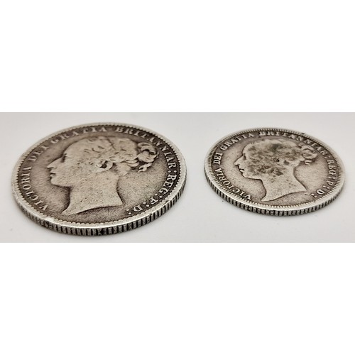 698 - An 1879 Silver shilling and an 1887 silver sixpence. Please see photos for conditions.