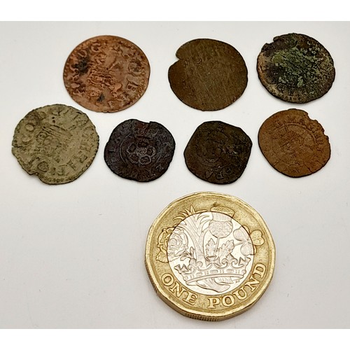 726 - A Small Collection of Seven Charles I Smaller Coins. Please see photos for conditions.