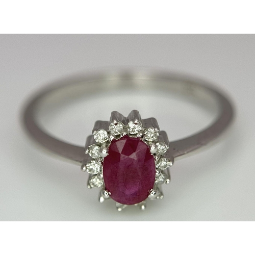 176 - An 18K White Gold Ruby and Diamond Ring. Central oval cut ruby with a diamond halo. Size N. 2.7g tot... 