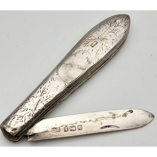 556 - An Antique Sterling Silver Fruit/Pen Knife. Hallmarks for Sheffield 1902. 11.5cm fully extended. 30g