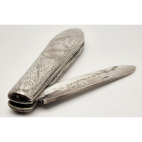 556 - An Antique Sterling Silver Fruit/Pen Knife. Hallmarks for Sheffield 1902. 11.5cm fully extended. 30g