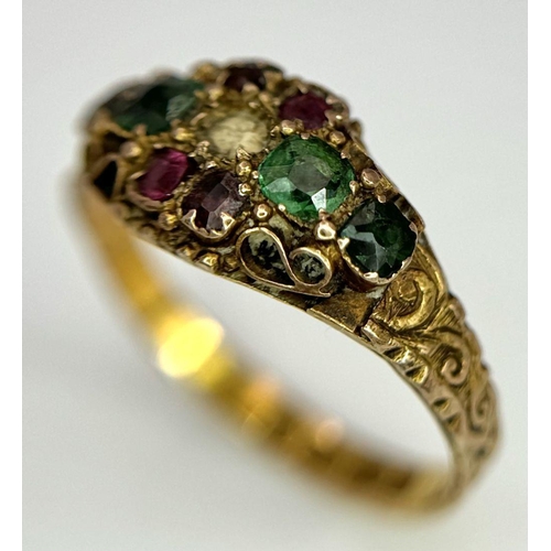 93 - An Interesting Antique 18K Ruby and Emerald Ring. Hallmarks appear to be Birmingham 1795. Four rubie... 