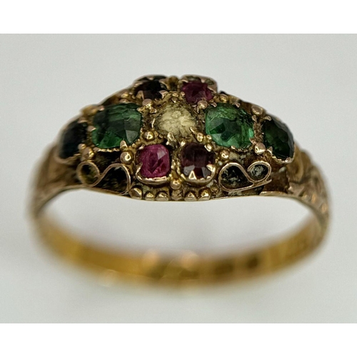 93 - An Interesting Antique 18K Ruby and Emerald Ring. Hallmarks appear to be Birmingham 1795. Four rubie... 