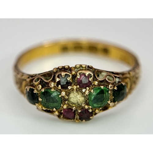 93 - An Interesting Antique 18K Ruby and Emerald Ring. Hallmarks appear to be Birmingham 1795. Four rubie... 