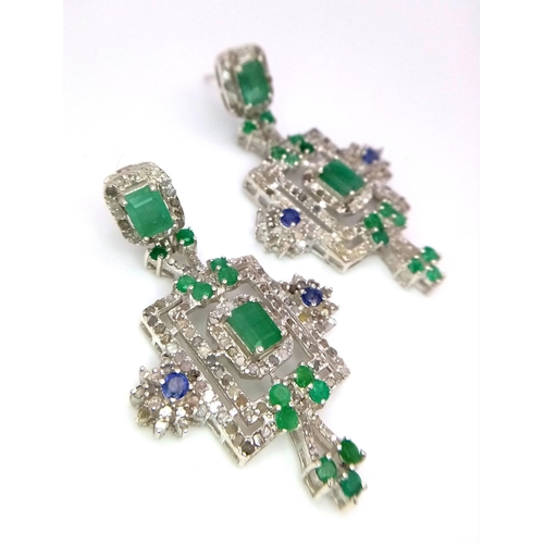 153 - An antique, regal, sterling silver pair of earrings with large emeralds and old cut diamonds, in a l... 