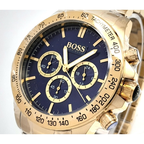 188 - A gents HUGO BOSS Tachymeter watch, case 44 mm, calibrated bezel, blue dial with three sub-dials, wa... 