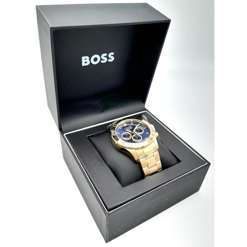 188 - A gents HUGO BOSS Tachymeter watch, case 44 mm, calibrated bezel, blue dial with three sub-dials, wa... 