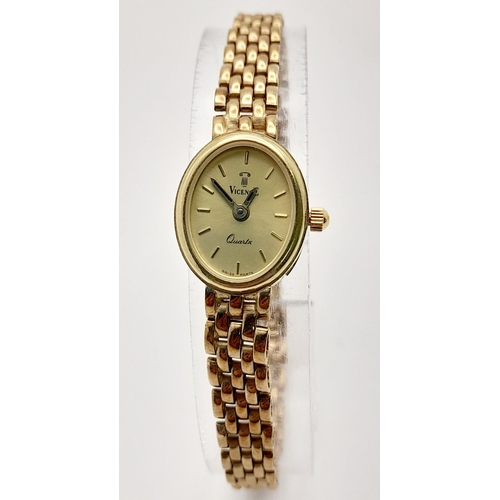 307 - A Vintage 9K Yellow Gold Vicence Quartz Ladies Watch. 9k gold bracelet and case - 17mm. Gilded dial.... 