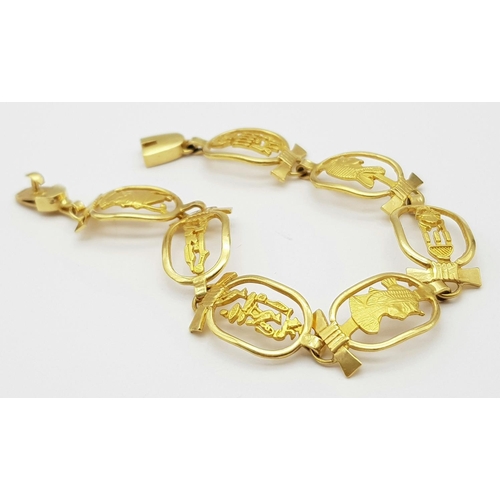 59 - An 18K Yellow Gold Egyptian Themed Bracelet. 17cm. Hallmarks for 18k gold Cairo. 19.15g.