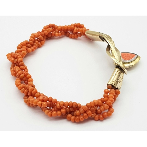 563 - A Vintage 9K Gold (tested) and Red Coral Bracelet with Heart Locket.  14g total weight.