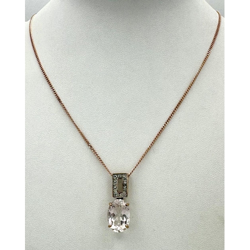 156 - A 9K Rose Gold Necklace with a Decorative White Stone Pendant - also set in 9k Rose Gold. 3cm and 40... 