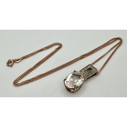 156 - A 9K Rose Gold Necklace with a Decorative White Stone Pendant - also set in 9k Rose Gold. 3cm and 40... 