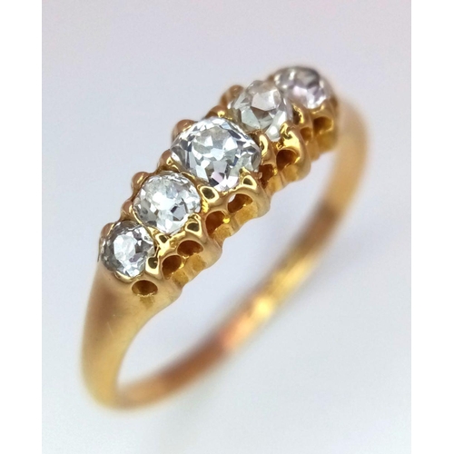 213 - A Vintage 18K Yellow Gold Five Stone Diamond Ring. Five brilliant round cut diamonds. 0.50ctw. Size ... 