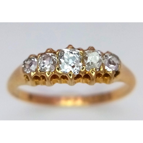 213 - A Vintage 18K Yellow Gold Five Stone Diamond Ring. Five brilliant round cut diamonds. 0.50ctw. Size ... 