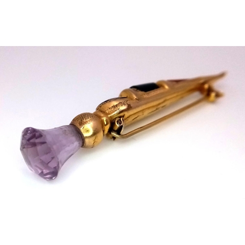 219 - An Antique Scottish 9K Yellow Gold and Gemstone Dirk Kilt Pin. Coral, jade, agate and amethyst. Come... 