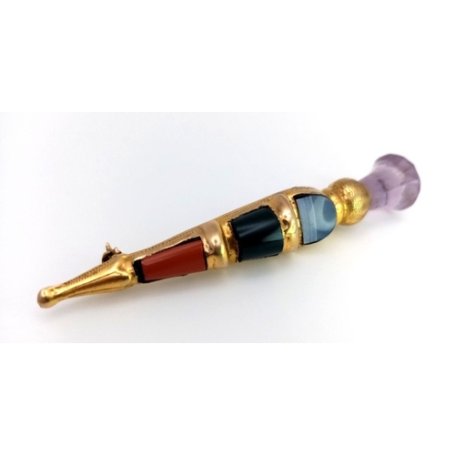 219 - An Antique Scottish 9K Yellow Gold and Gemstone Dirk Kilt Pin. Coral, jade, agate and amethyst. Come... 