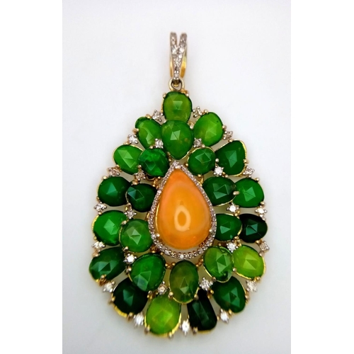 297 - An Astonishing 50ctw + Opal Pendant! A central orange teardrop fire opal amongst a swarm of faceted ... 