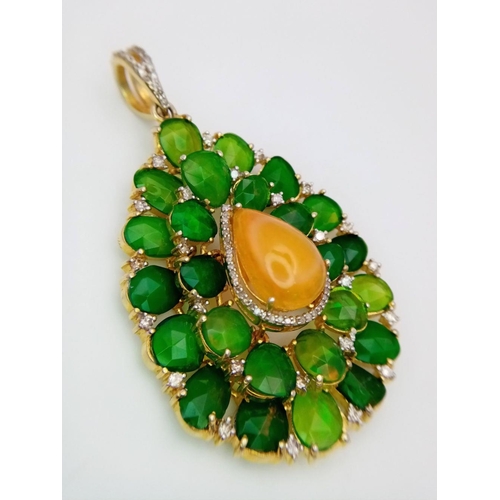 297 - An Astonishing 50ctw + Opal Pendant! A central orange teardrop fire opal amongst a swarm of faceted ... 