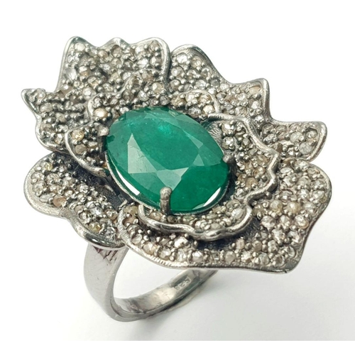 31 - An Art Deco Style 6ct Emerald Ring with 2.15ctw of Diamond Accents. Set in 925 Silver. Size O 1/2. C... 