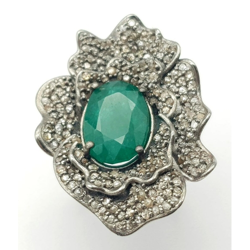 31 - An Art Deco Style 6ct Emerald Ring with 2.15ctw of Diamond Accents. Set in 925 Silver. Size O 1/2. C... 