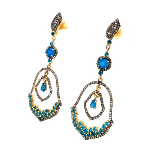 310 - A Pair of Blue Apatite and Old Cut Diamond Gemstone Drop Earrings. Set in gilded 925 Silver. 6.5cm. ... 