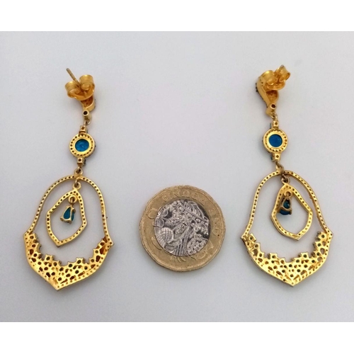 310 - A Pair of Blue Apatite and Old Cut Diamond Gemstone Drop Earrings. Set in gilded 925 Silver. 6.5cm. ... 