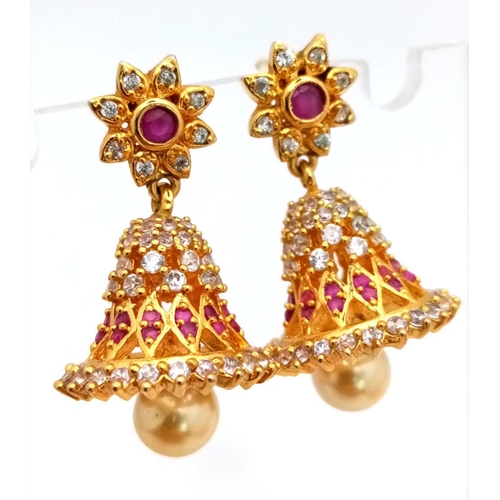 37 - A Pair of Wonderful 21K Yellow Gold Asian Inspired Bell Earrings with Ruby, White Stone and Golden P... 