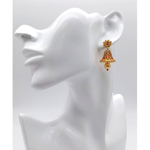 37 - A Pair of Wonderful 21K Yellow Gold Asian Inspired Bell Earrings with Ruby, White Stone and Golden P... 