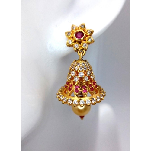 37 - A Pair of Wonderful 21K Yellow Gold Asian Inspired Bell Earrings with Ruby, White Stone and Golden P... 