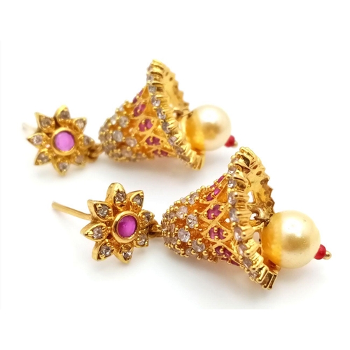 37 - A Pair of Wonderful 21K Yellow Gold Asian Inspired Bell Earrings with Ruby, White Stone and Golden P... 