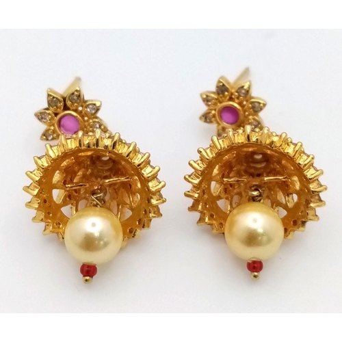 37 - A Pair of Wonderful 21K Yellow Gold Asian Inspired Bell Earrings with Ruby, White Stone and Golden P... 