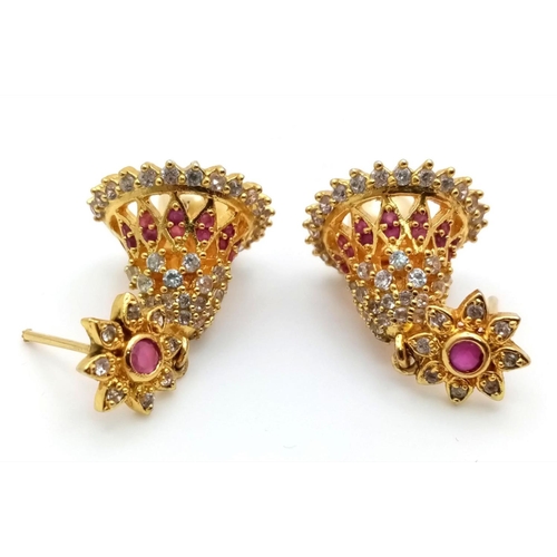 37 - A Pair of Wonderful 21K Yellow Gold Asian Inspired Bell Earrings with Ruby, White Stone and Golden P... 