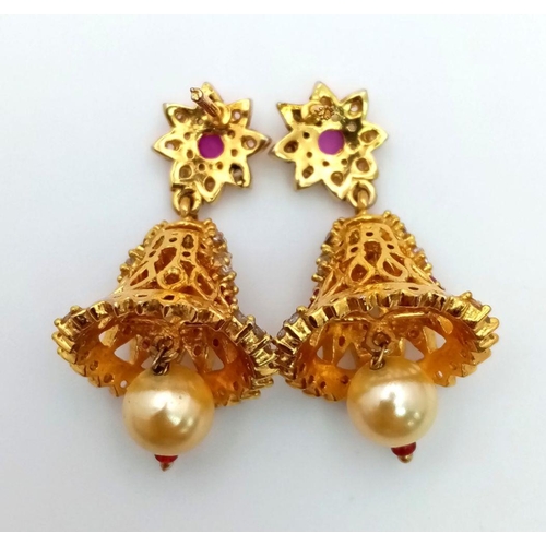 37 - A Pair of Wonderful 21K Yellow Gold Asian Inspired Bell Earrings with Ruby, White Stone and Golden P... 