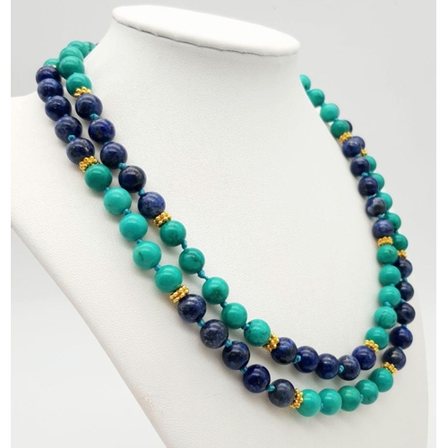 381 - A Lapis Lazuli and Turquoise Beaded Matinee Length Necklace. Gilded spacers and clasp. 88cm necklace... 