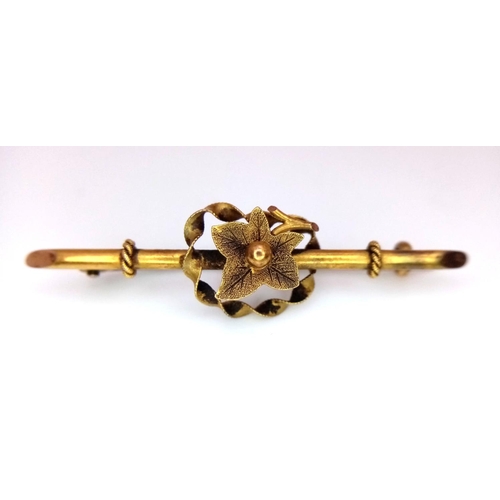 39 - An Antique 15K Yellow Gold Floral Bar Bracelet. 4.5cm. 2g