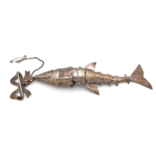 479 - A Large Antique Articulated Silver Fish Pendant hanging from an Antique Silver Bow Brooch. Fish - 12... 