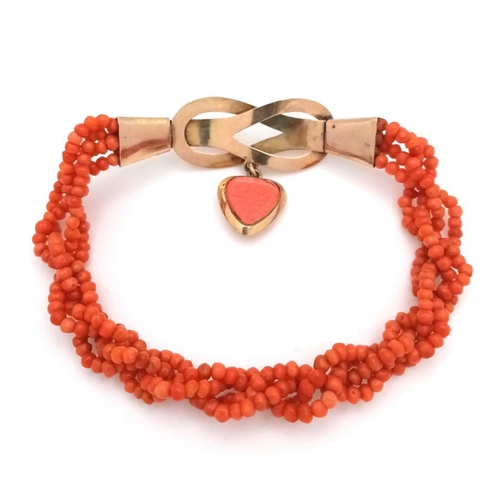 563 - A Vintage 9K Gold (tested) and Red Coral Bracelet with Heart Locket.  14g total weight.