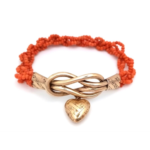 563 - A Vintage 9K Gold (tested) and Red Coral Bracelet with Heart Locket.  14g total weight.