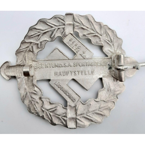 603 - 3rd Reich 1st Pattern Silver Grade SA Sports Badge. Maker marked: Berg & Nolte.