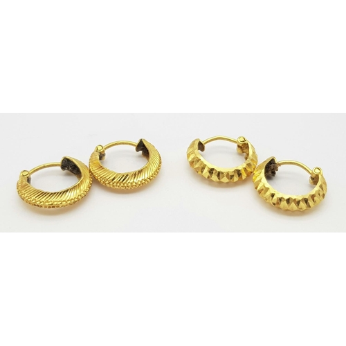 618 - Two Pairs of Petit 21k Yellow Gold Earrings. 4.6g total weight.