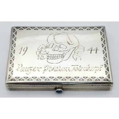 97 - WW2 Austrian Hallmarked Silver Cigarette Case. Hand Engraved (1944 Panzer Division Totemkopf)