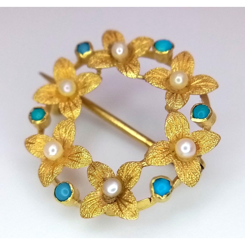 17 - An Antique 15K Yellow Gold Turquoise and Pearl Wreath Brooch. 22mm diameter. 2.65g total weight.