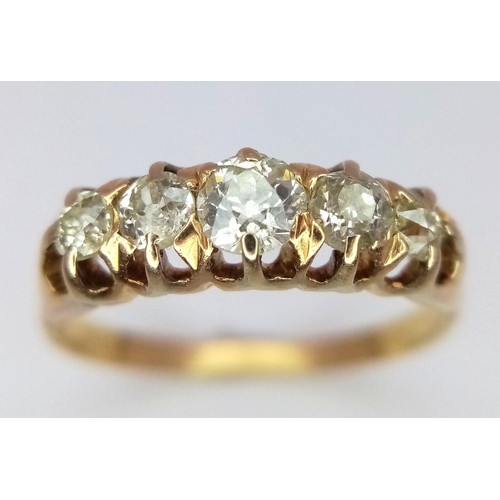 227 - A Vintage 18K Yellow Gold Five Stone Diamond Ring. Five brilliant round cut diamonds. Size P. 3.2g t... 