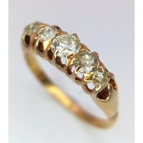 227 - A Vintage 18K Yellow Gold Five Stone Diamond Ring. Five brilliant round cut diamonds. Size P. 3.2g t... 