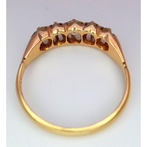 227 - A Vintage 18K Yellow Gold Five Stone Diamond Ring. Five brilliant round cut diamonds. Size P. 3.2g t... 