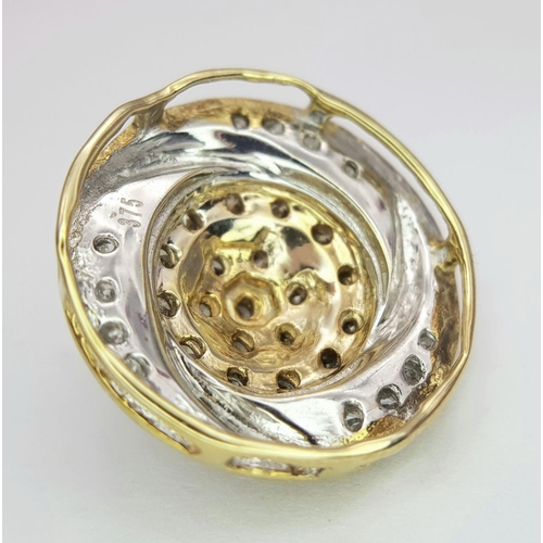 241 - A 9K Yellow Gold and Diamond Swirl Pendant. 1ctw of diamonds approx. 20mm diameter. 4g total weight.