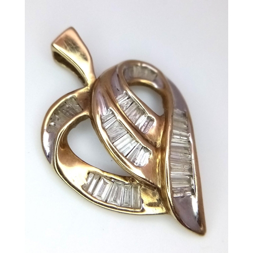 352 - A Charming 9K Yellow Gold Heart Brooch with 1ctw (approx) of Baguette Cut Diamonds. 3.8g total weigh... 