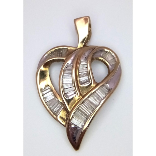 352 - A Charming 9K Yellow Gold Heart Brooch with 1ctw (approx) of Baguette Cut Diamonds. 3.8g total weigh... 