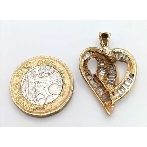 352 - A Charming 9K Yellow Gold Heart Brooch with 1ctw (approx) of Baguette Cut Diamonds. 3.8g total weigh... 